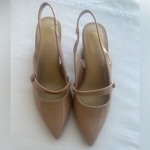 Nude Patent Slingback Pumps Women’s Size 8.5M Block Heel Pointed Toe Shoes